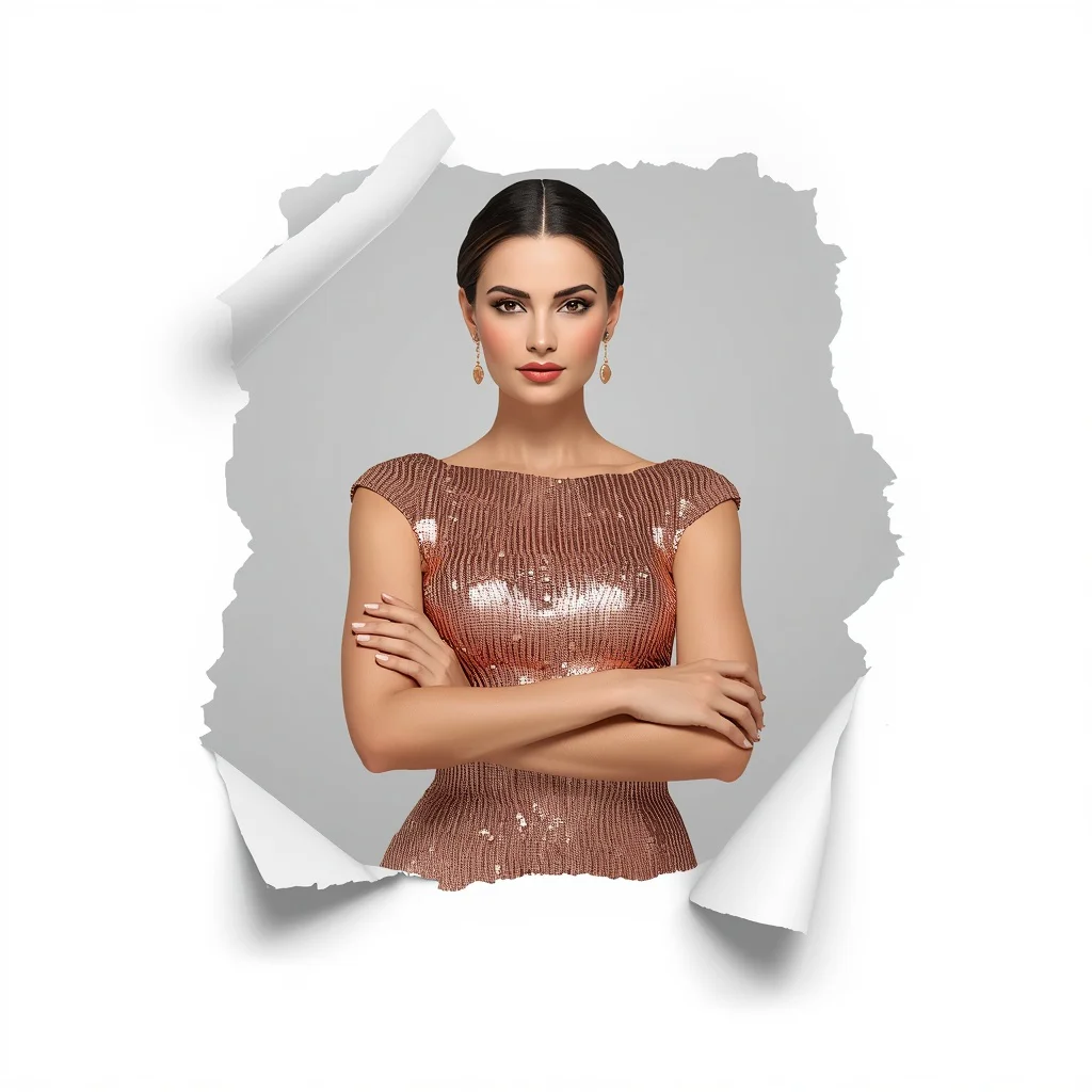 A Calm Woman with Arms Crossed in a Dazzling Rose Gold Gown | Ultra-clean High-resolution Sharp
