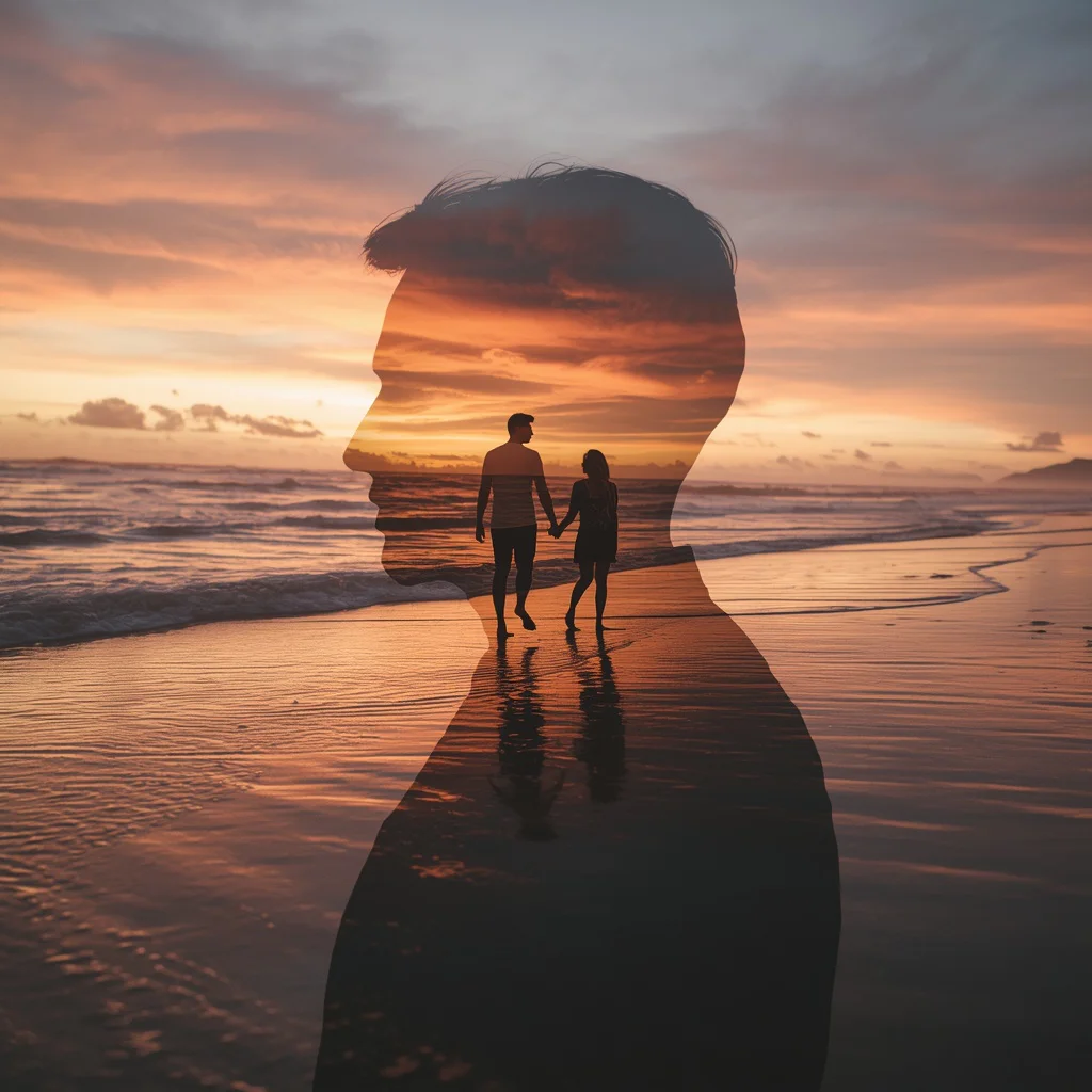 A Cinematic Double Exposure of a Couple on a Sunset Beach | Traditional Dress Prompt