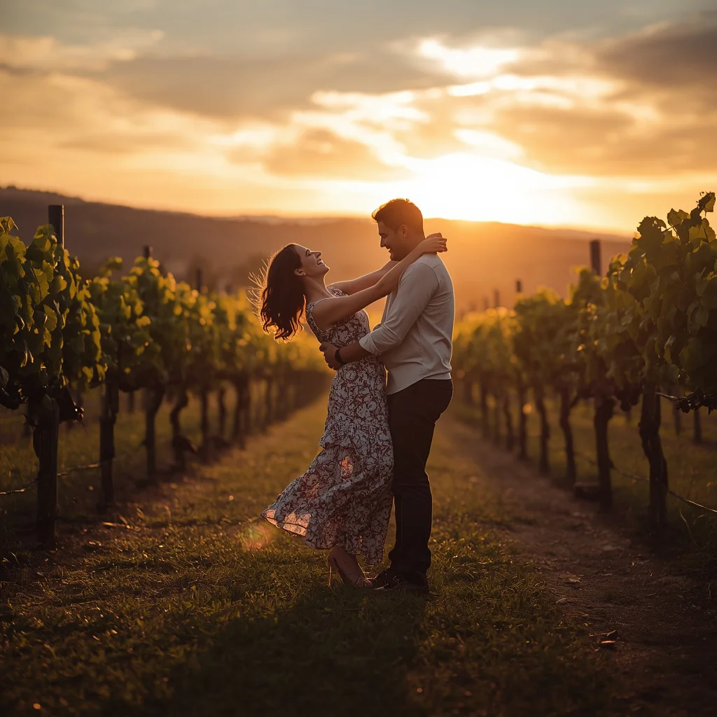 A Couple’s Joyful Engagement in a Rustic Vineyard Sunset | prompt for gemini ai 2026 download