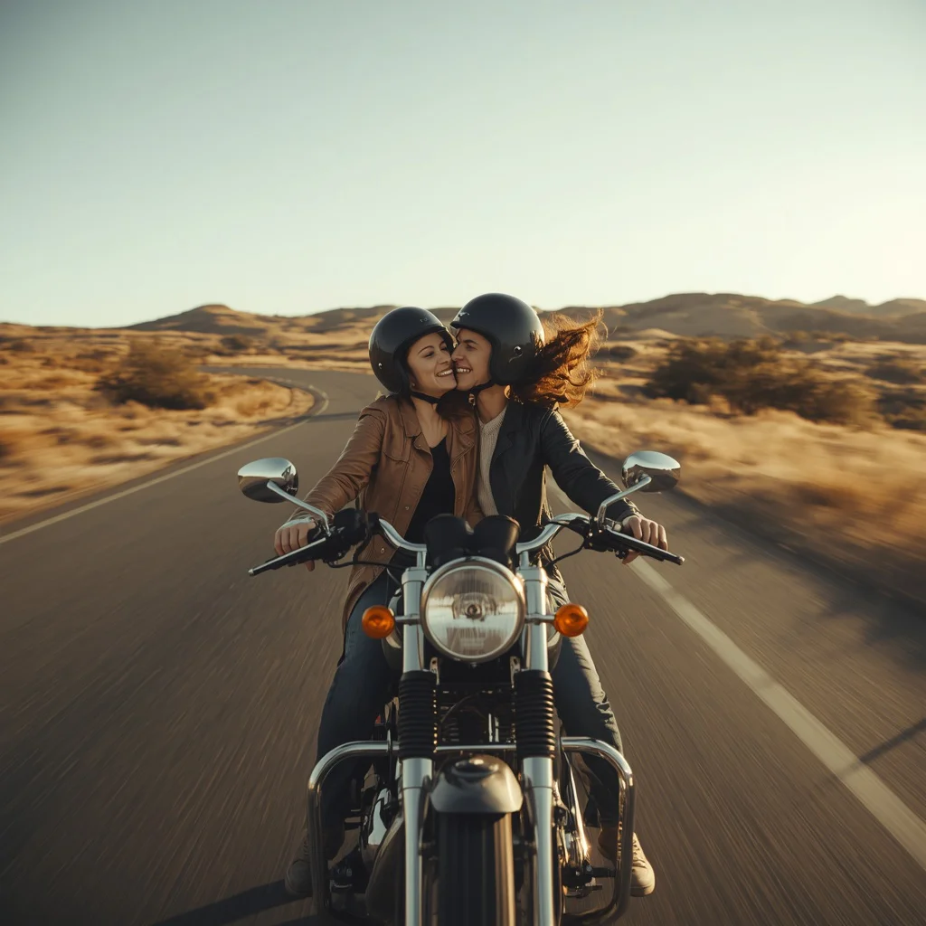 A Couple’s Joyful Escape on a Vintage Motorcycle Through an Open Road | ChatGPT photo editor online free