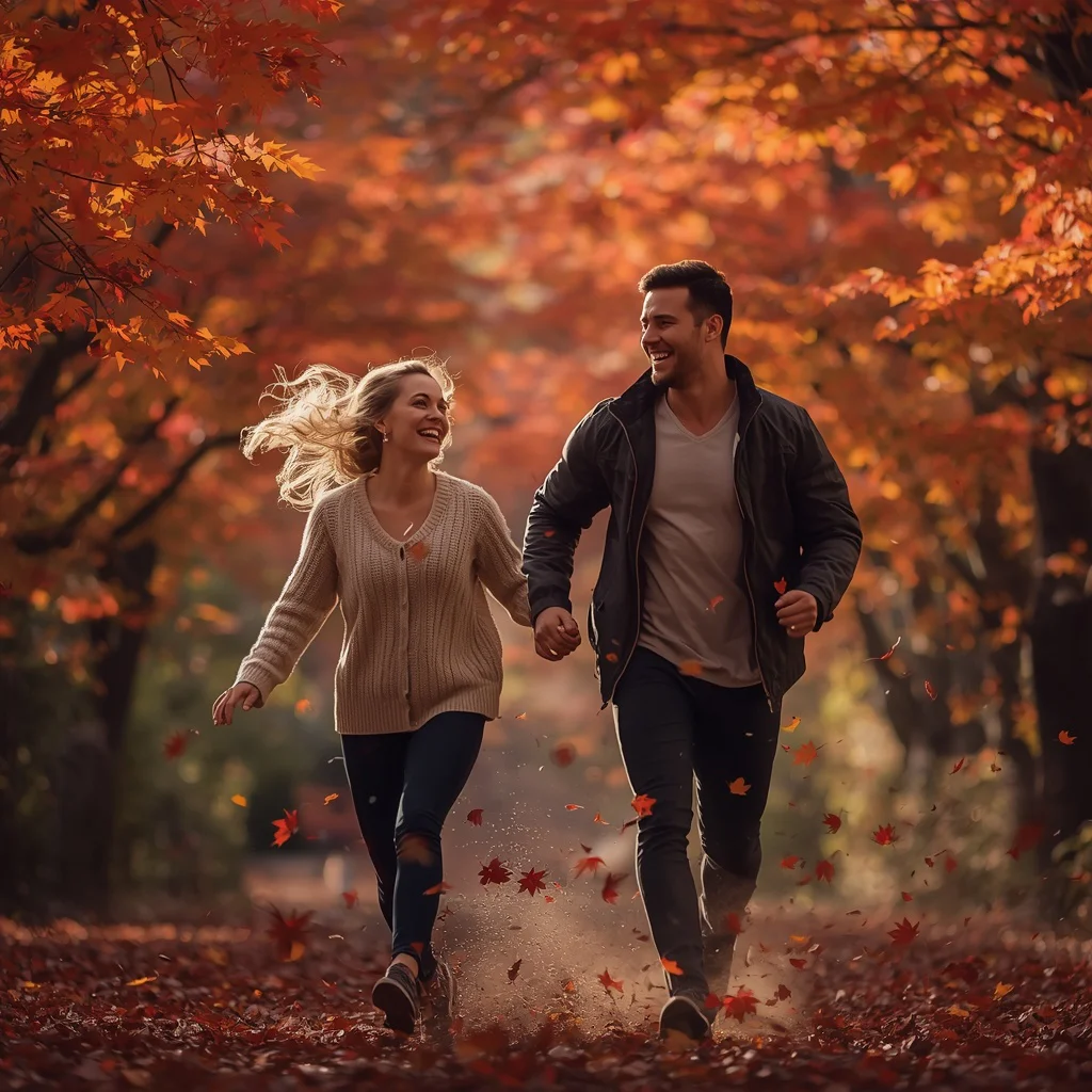 A Couple’s Joyful Journey Through a Vibrant Japanese Maple Forest | ai new prompt free download