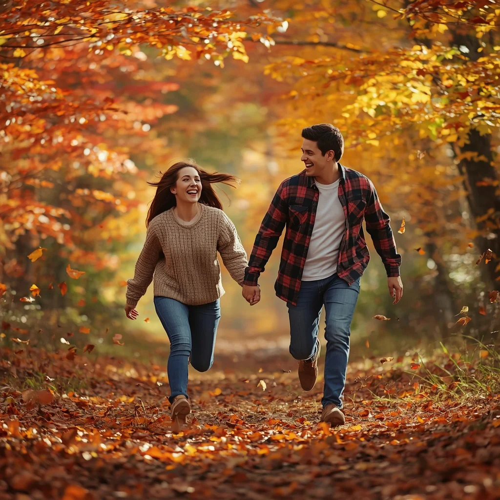 A Couple’s Joyful Sprint Through a Vibrant Autumn Forest | ChatGPT Image Generator Prompt
