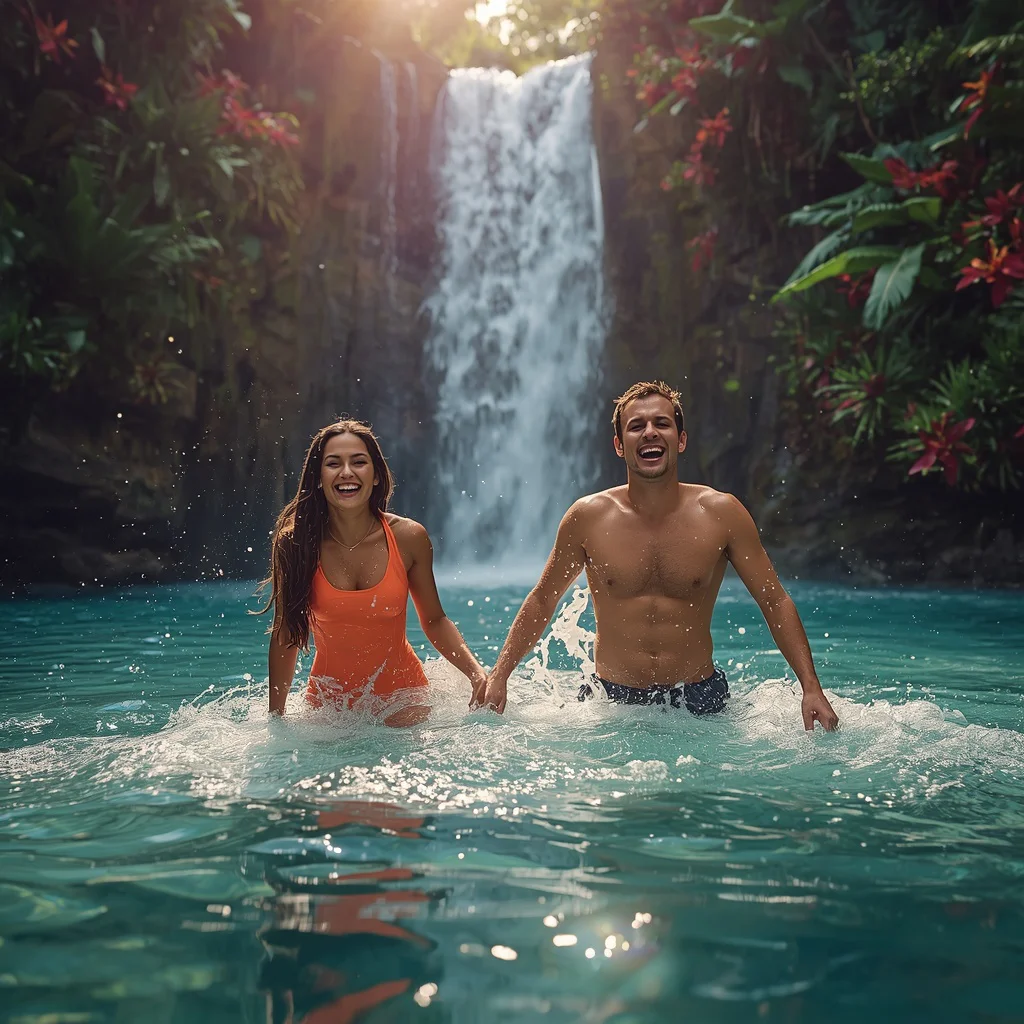 A Couple’s Playful Splash in a Crystal-Clear Tropical Waterfall | chatgpt photo editing prompts text