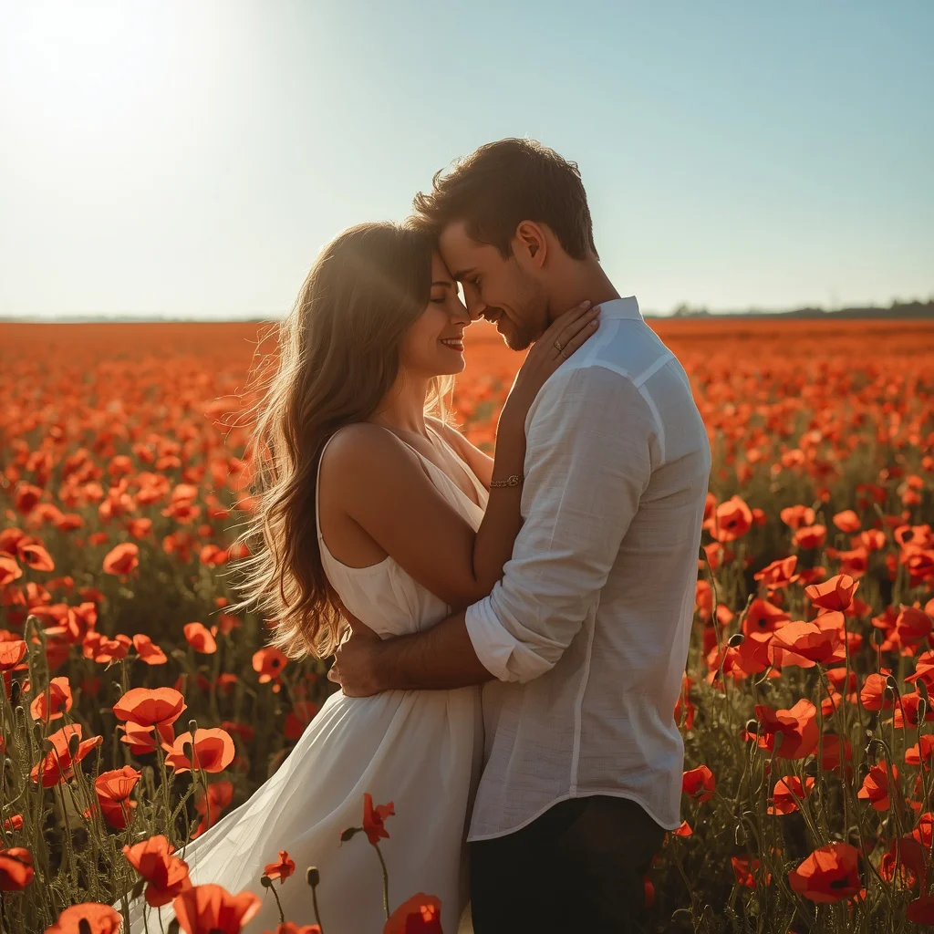 A Couple’s Tender Embrace in a Field of Blooming Poppies | Image prompt text