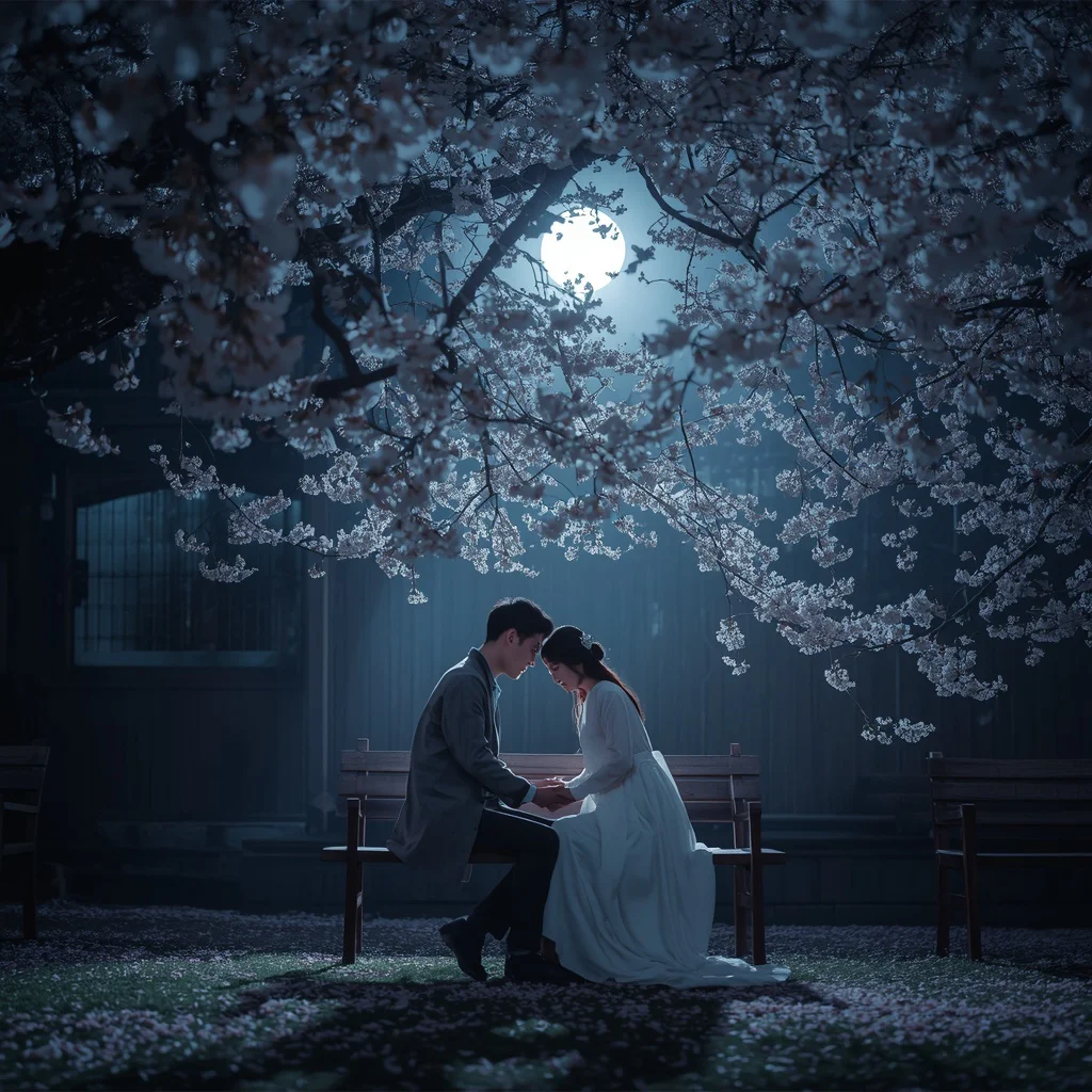 A Couple’s Tender Moment in a Moonlit Cherry Blossom Garden | chatgpt photo editing prompts new