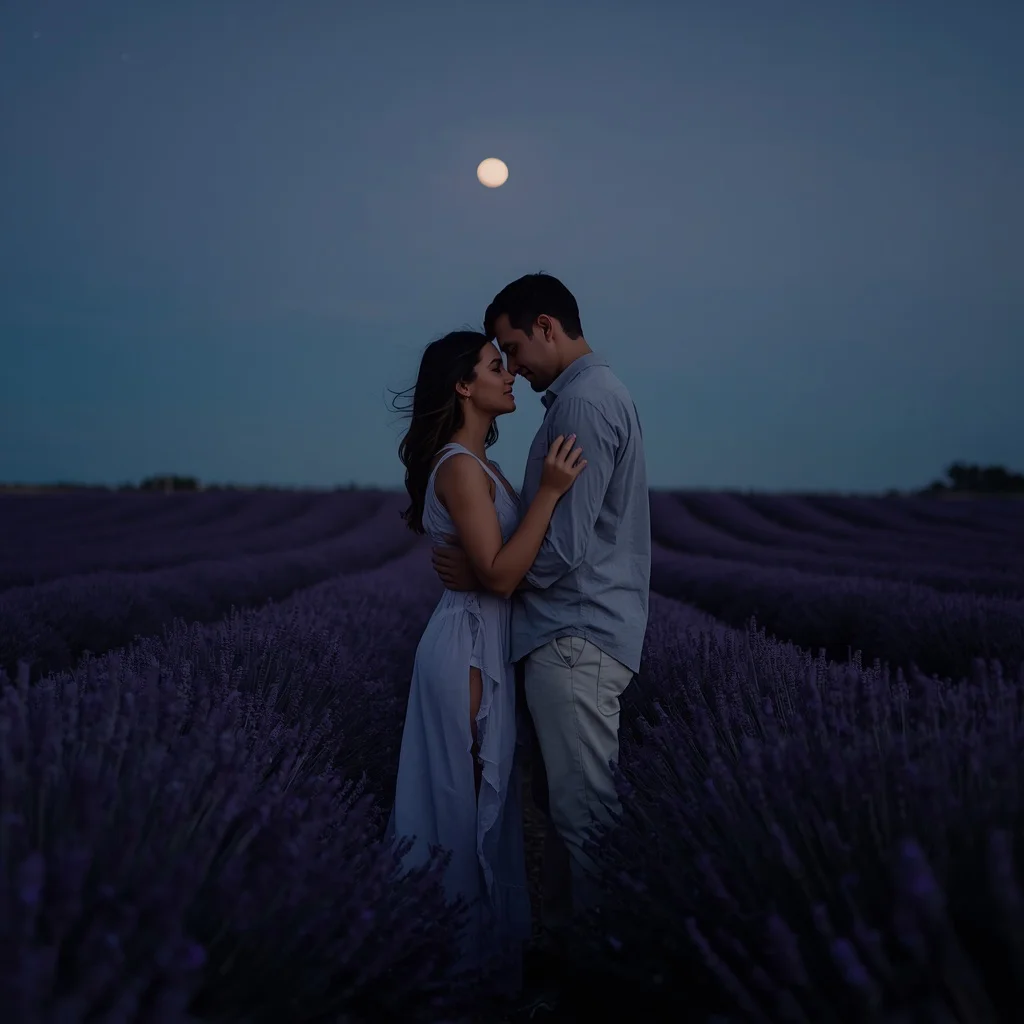 A Couple’s Tender Moment in a Moonlit Field of Lavender | Couple Photo Prompt