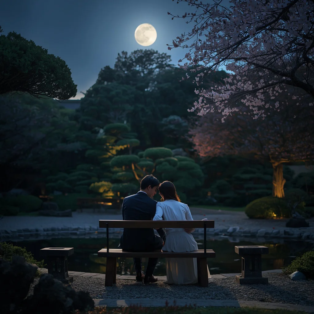 A Couple’s Tender Moment in a Moonlit Japanese Garden | Trending violet prompt