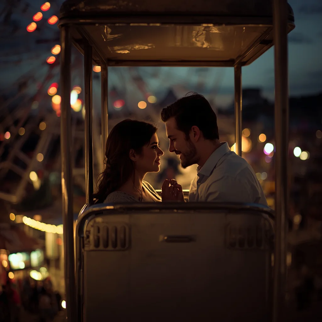 A Couple’s Tender Moment in a Vintage Carnival Ferris Wheel | Trending AI Prompt