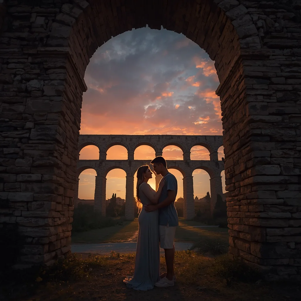 A Couple’s Tender Moment Under the Archway of a Roman Aqueduct | Prompt AI