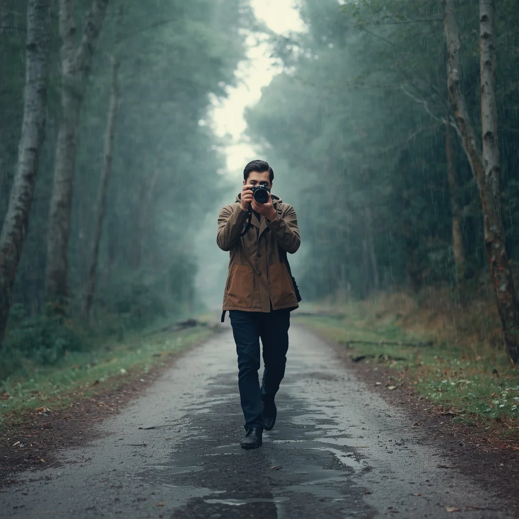 A Double Exposure of a Photographer in a Rainy Woodland Scene