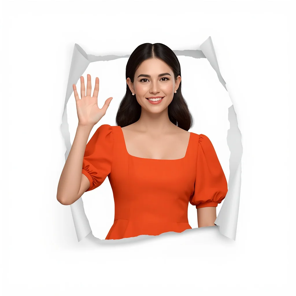 A Friendly Woman Waving in a Vibrant Tangerine Orange Midi Dress | Ultra-clean High-resolution Sharp