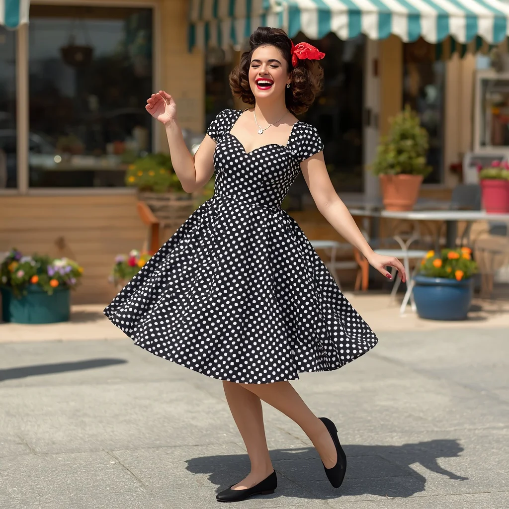 A Joyful Woman in a Retro-Inspired Polka Dot Swing Dress | instagram reel ai prompt
