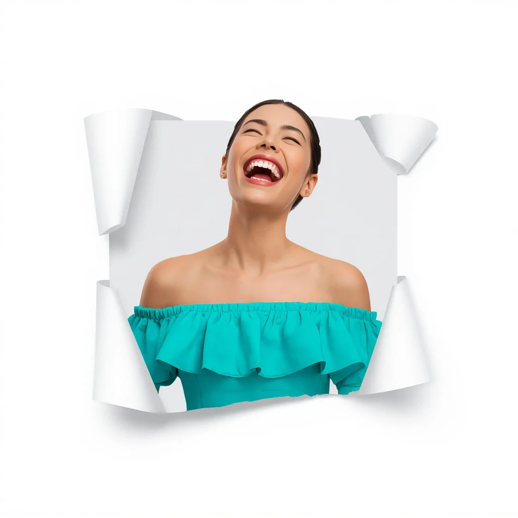 A Joyful Woman Laughing in a Bright Turquoise Off-Shoulder Dress | Ultra-clean High-resolution Sharp
