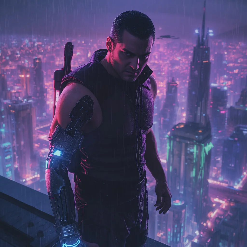 A Man’s Intense Focus as a Cybernetic Warrior in a Neon Cityscape
