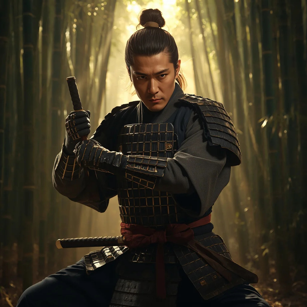 A Man’s Intense Focus as a Samurai Warrior in a Bamboo Forest