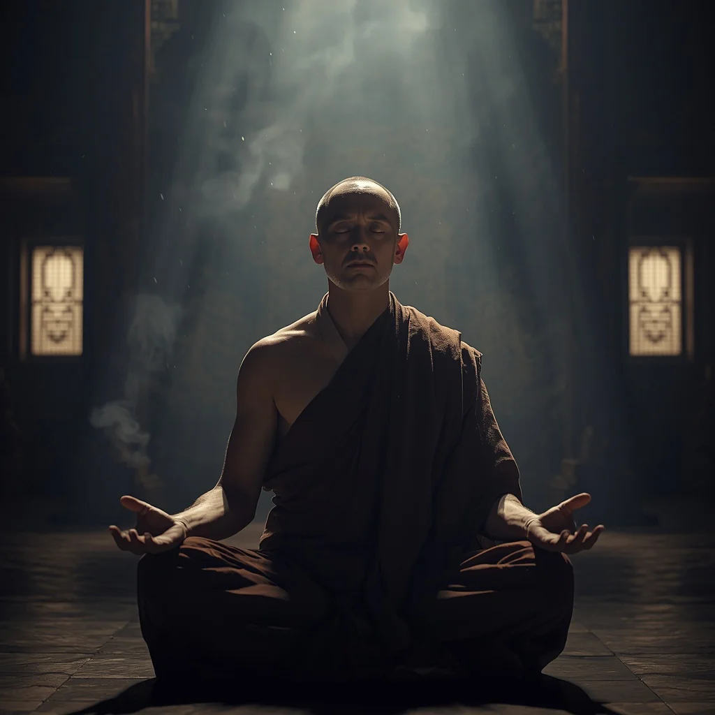 A Man’s Intense Focus as an Ancient Monk Meditating in a Temple | AI image prompt examples copy and paste