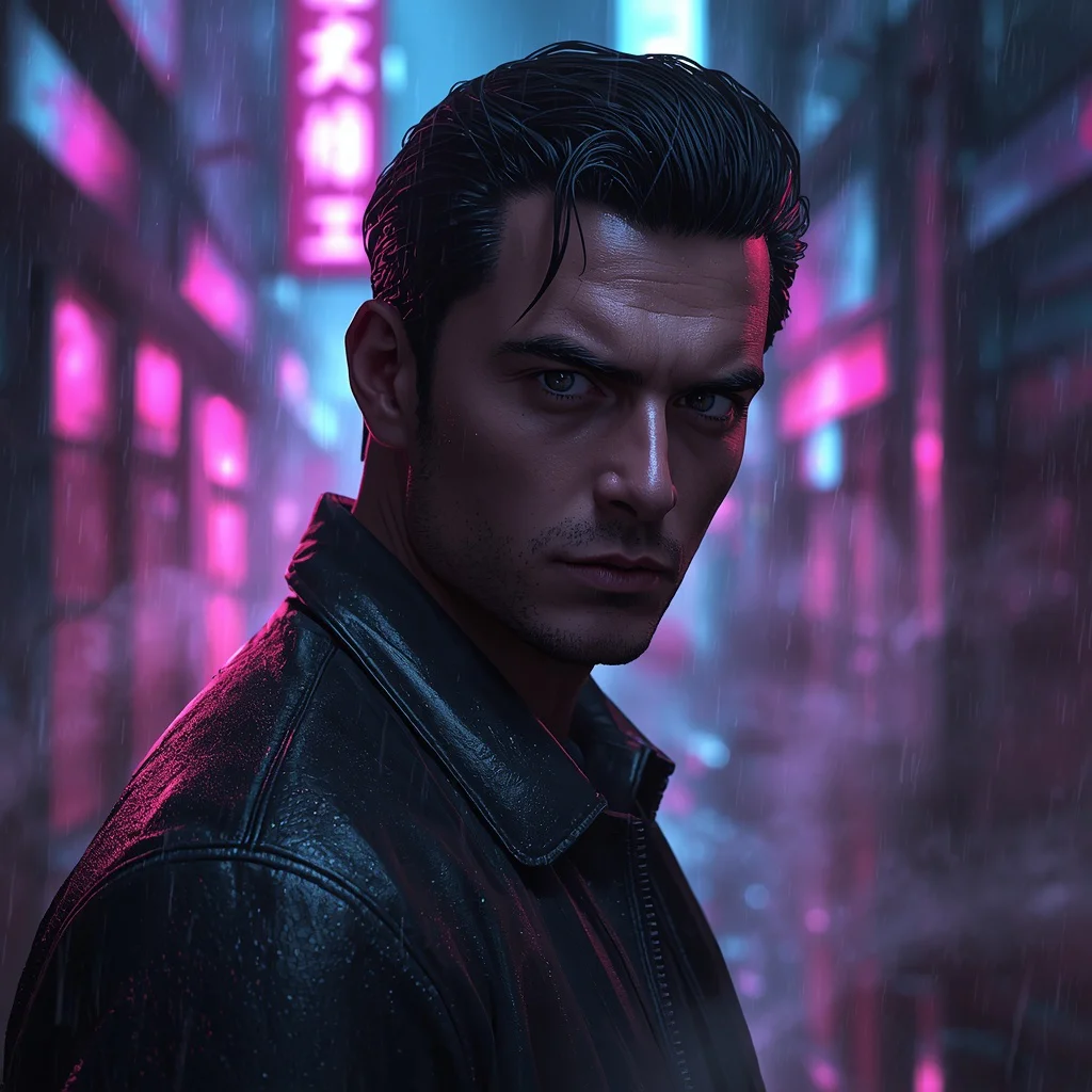 A Man’s Intense Gaze Reflected in a Neon-Lit Metropolis
