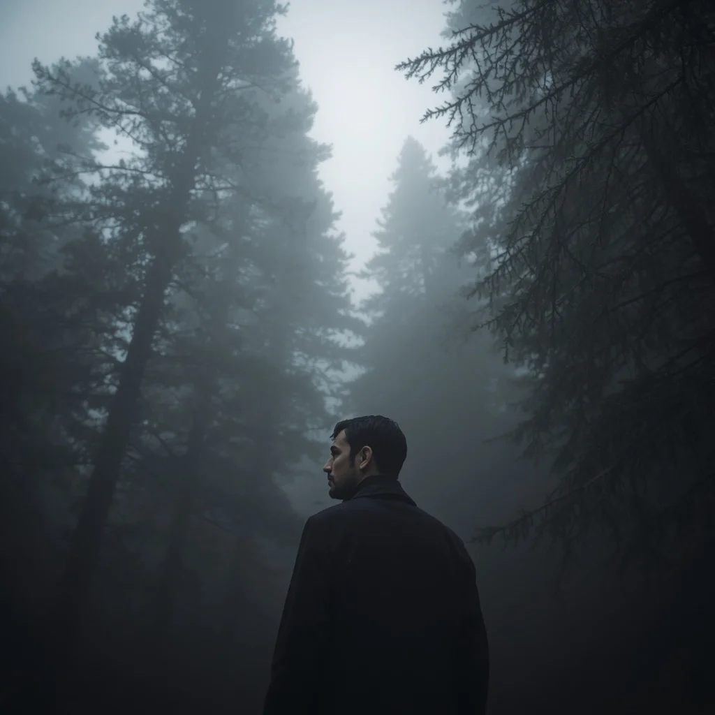 A Man’s Quiet Contemplation in a Fog-Shrouded Pine Forest | Prompt text