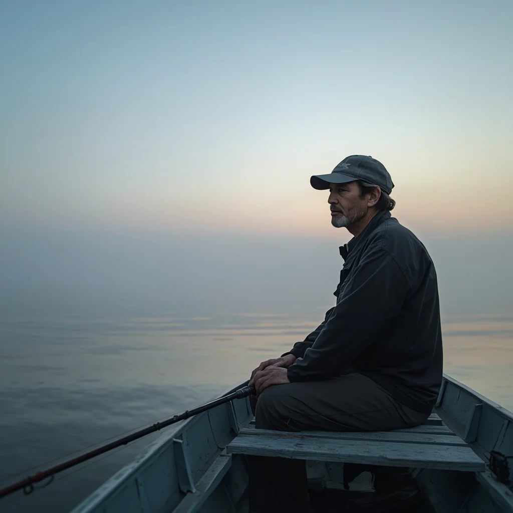 A Man’s Quiet Resolve on a Lone Fishing Boat at Dawn