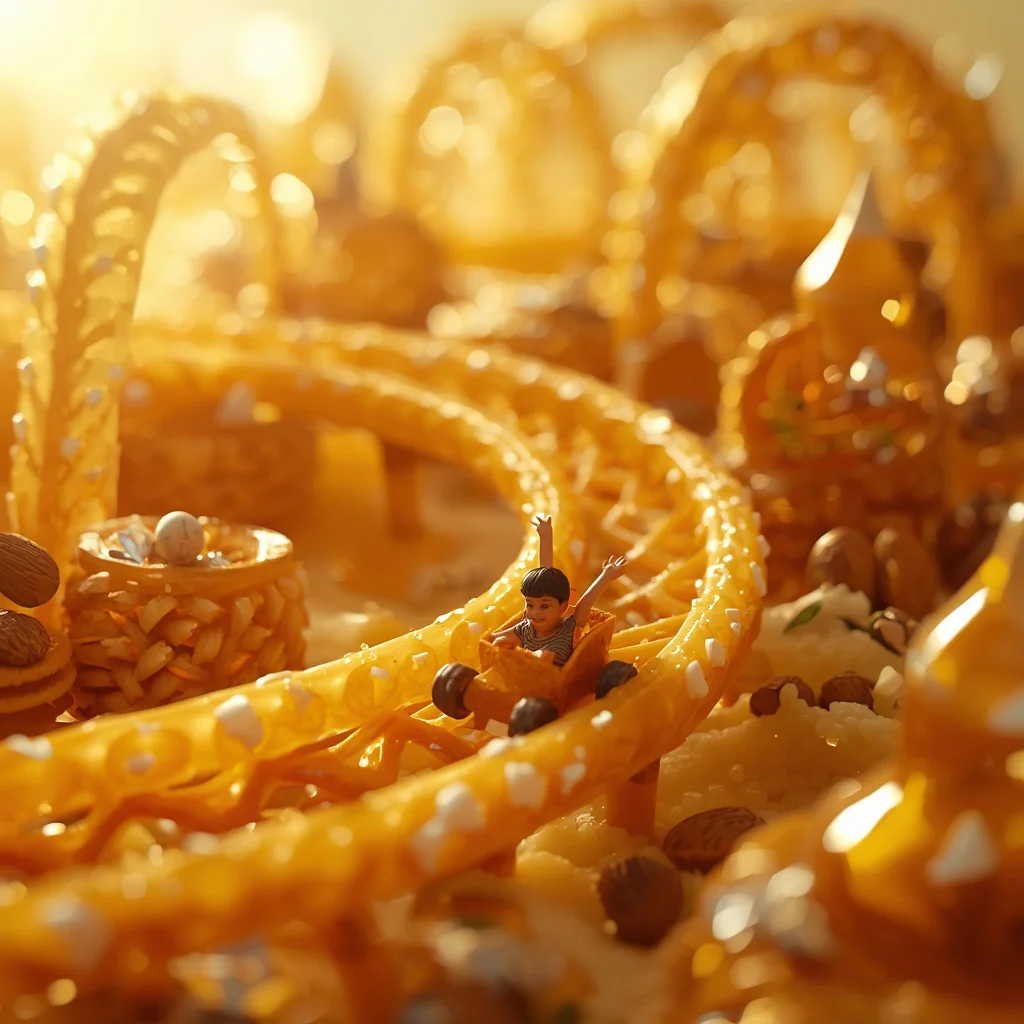 A Miniature Boy’s Exciting Jalebi Roller Coaster Ride | prompt for traditional look