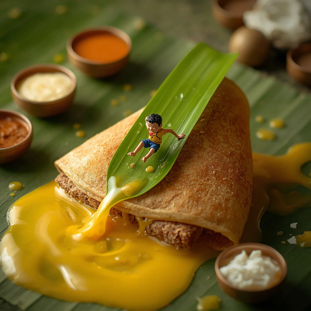 A Miniature Boy’s Thrilling Slide Down a Giant Curry Leaf | ChatGPT AI Image Prompt
