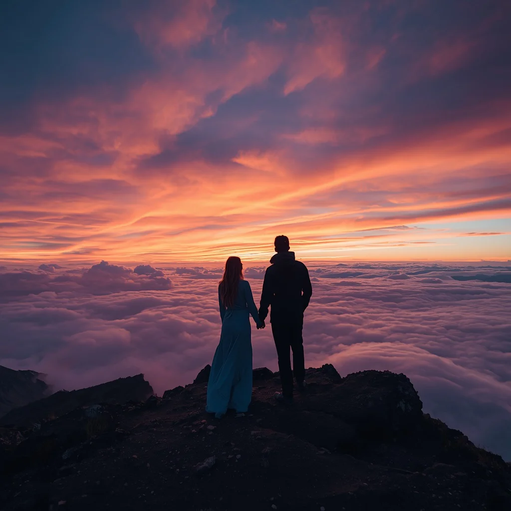 A Romantic Couple Sharing an Ethereal Moment on a Mountain Peak | Prompt for traditional look for ChatGPT