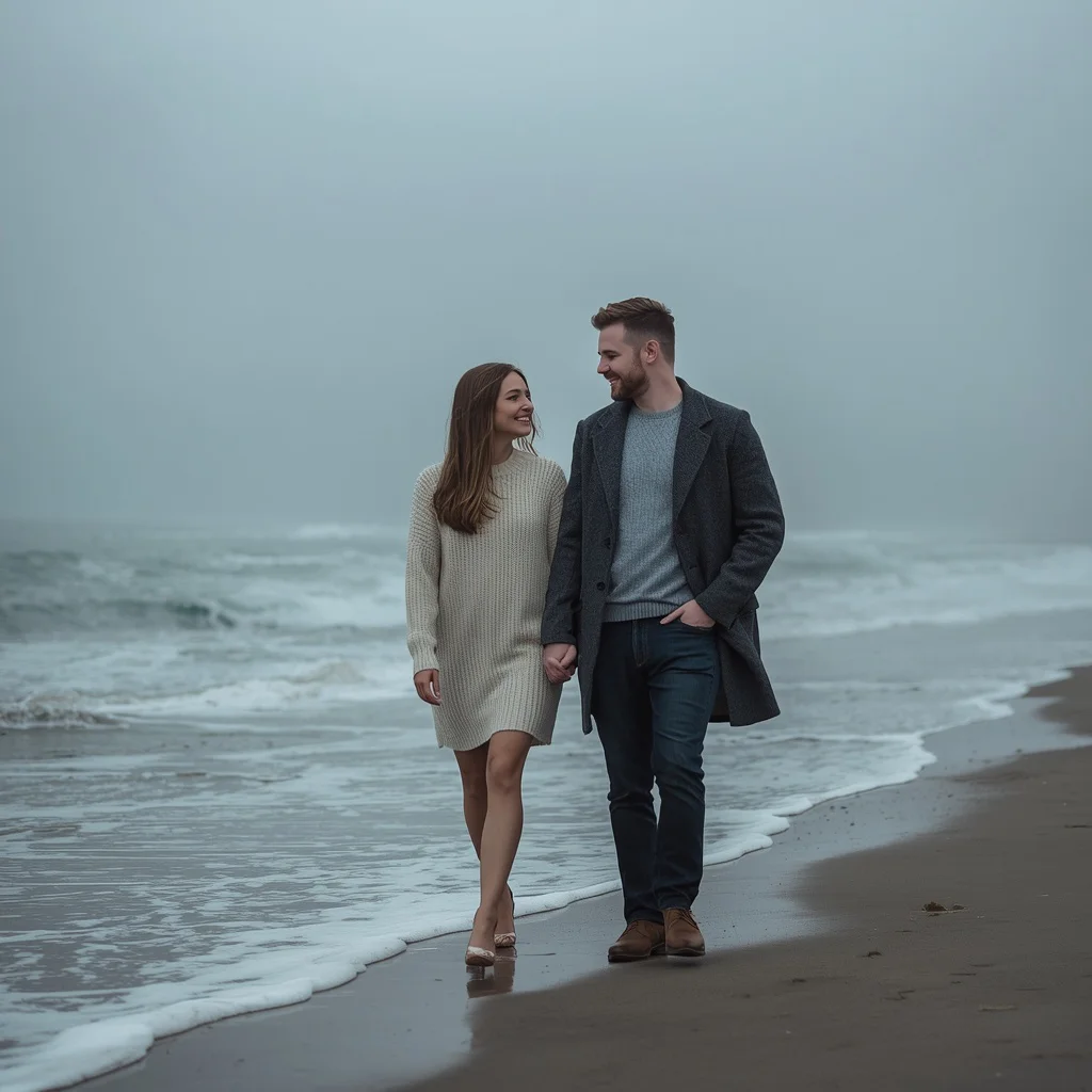 A romantic couple walking on a misty beach | Romantic Couple Hand-in-hand