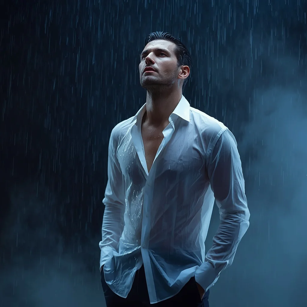 A Soaked Model’s Cinematic Expression in Dramatic Rainfall