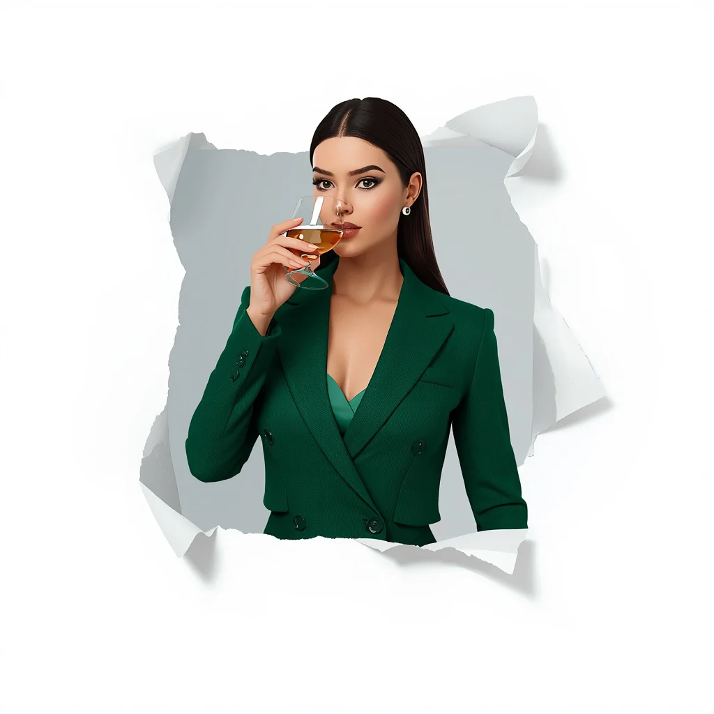 A Sophisticated Woman Sipping a Drink in a Chic Emerald Green Pantsuit | Ultra-clean High-resolution Sharp