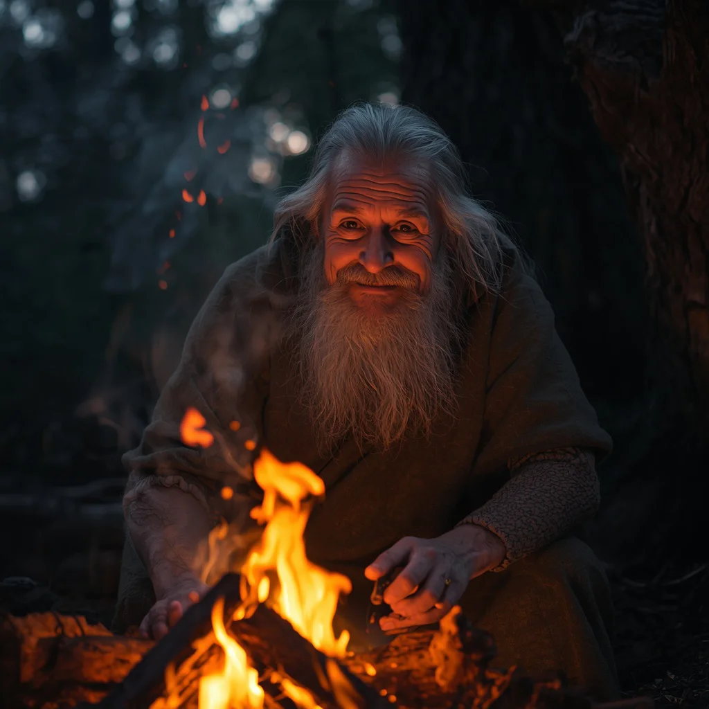 A Wise Old Man Storyteller by a Mystical Campfire Glow