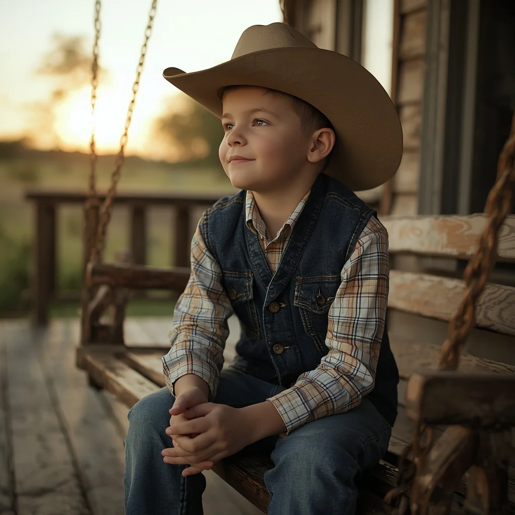 A Young Cowboy Dreaming Big on a Rustic Porch Swing | ChatGPT prompt in english