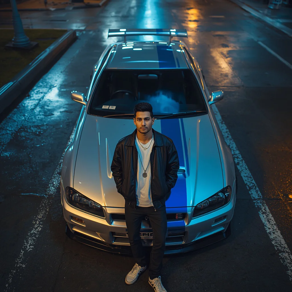 An Ultra-Realistic Street Racing Portrait with a Nissan Skyline R34 | South Indian look prompt for Gemini