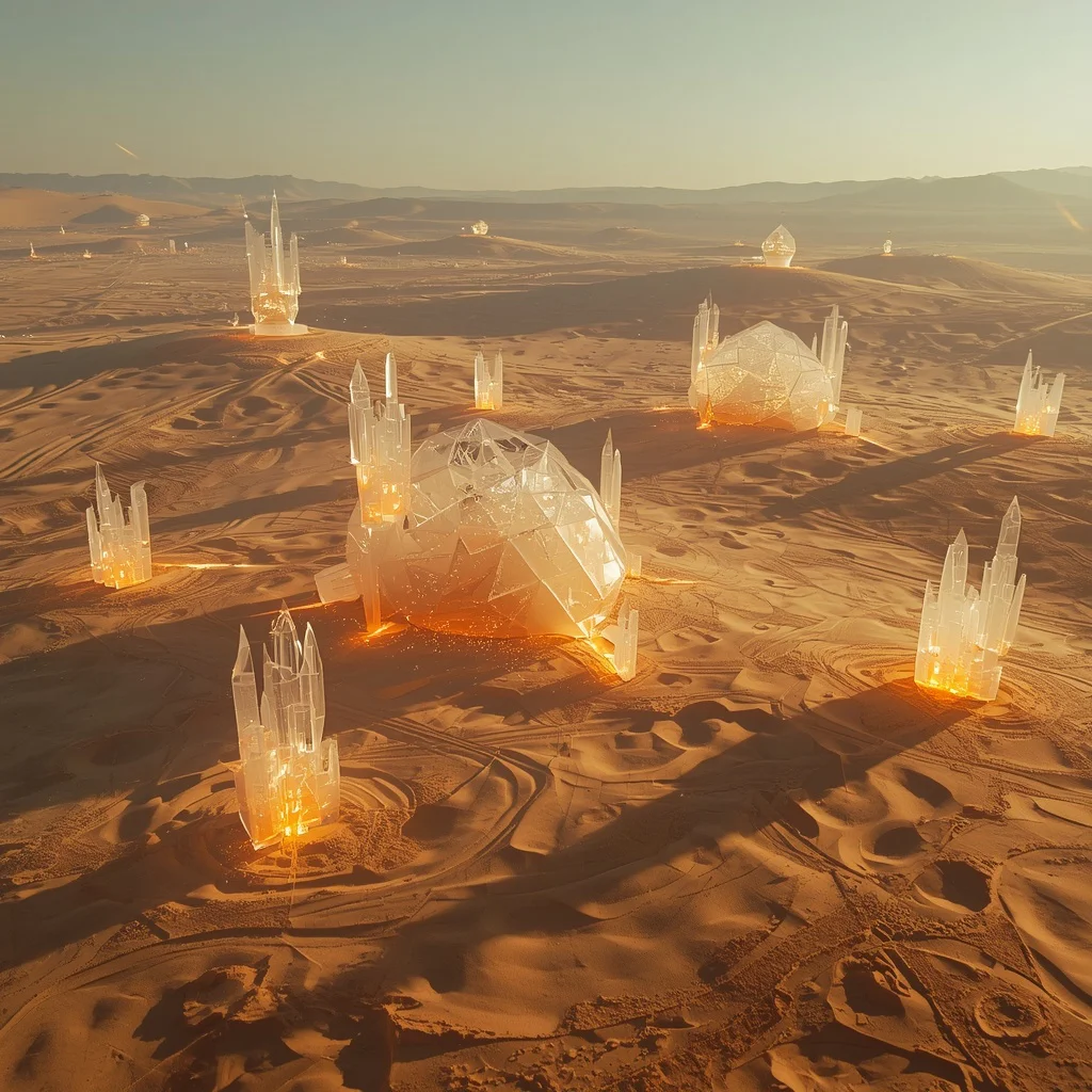 Autonomous Crystal Desert Bloom Civilization With Sand To Structure Transformation System | Futuristic Desert Transformation