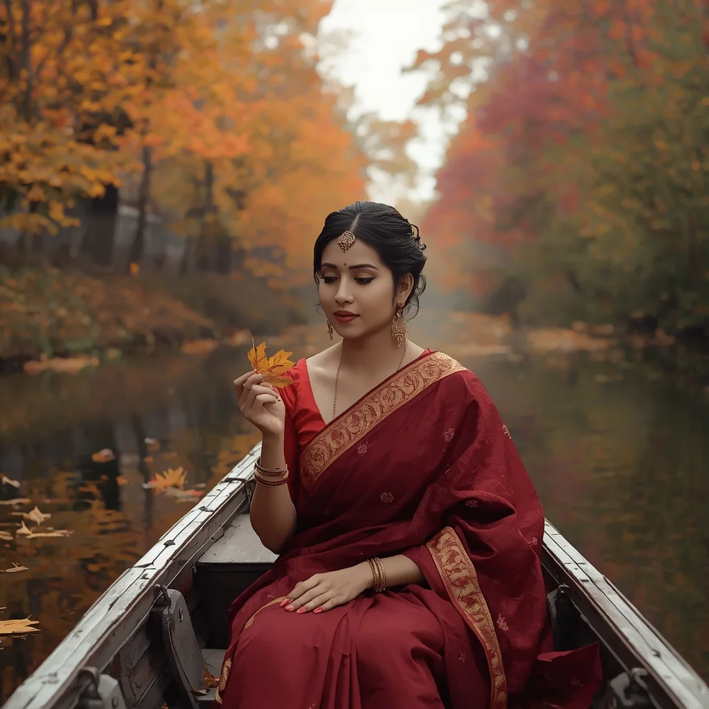 Autumnal River Journey: Red Sari and Falling Leaves | ai prompt