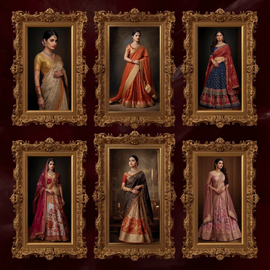 Baroque Gilded Frame Collage: Indian Royalty in Traditional Silk | Magnificent Collage Composed