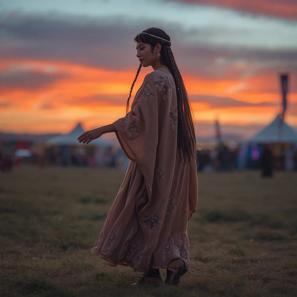 Bohemian Kimono Dress with Intricate Patterns for a Festival Sunset | Prompt for Gemini AI girl trending