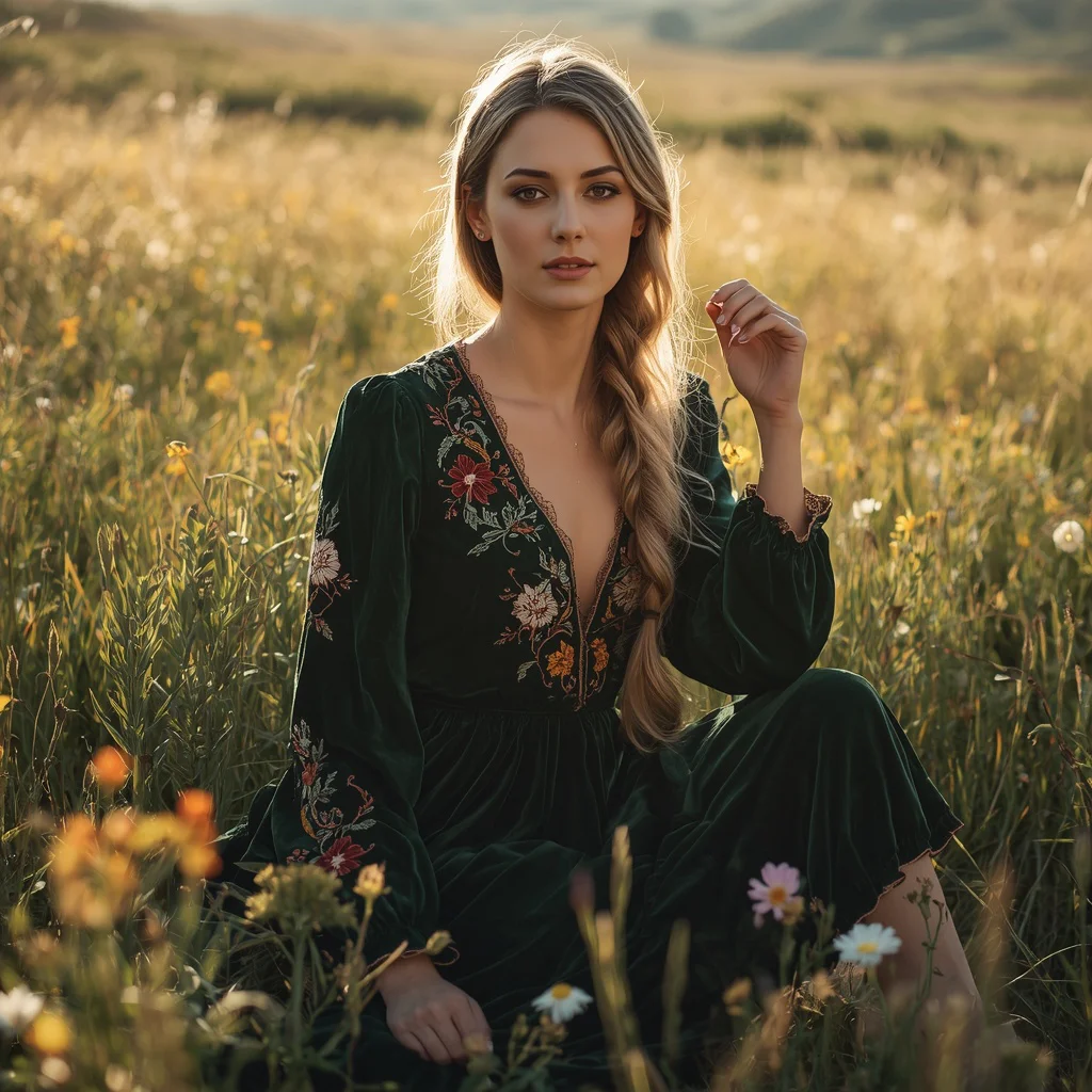 Boho Forest Queen: The Embroidered Velvet Midi Dress | prompt engineering