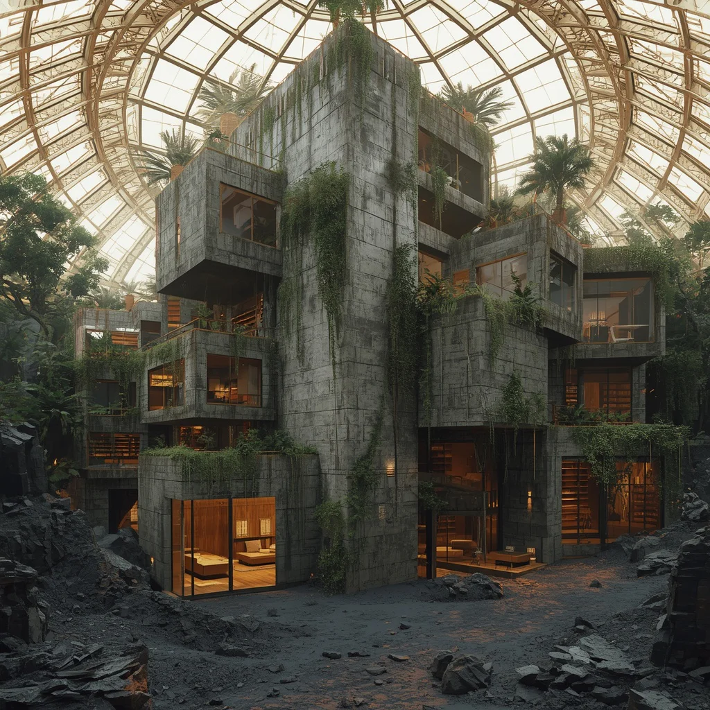 Brutalist Concrete Citadel Encased in Golden Glass Terrarium | Monumental Architectural Visualization