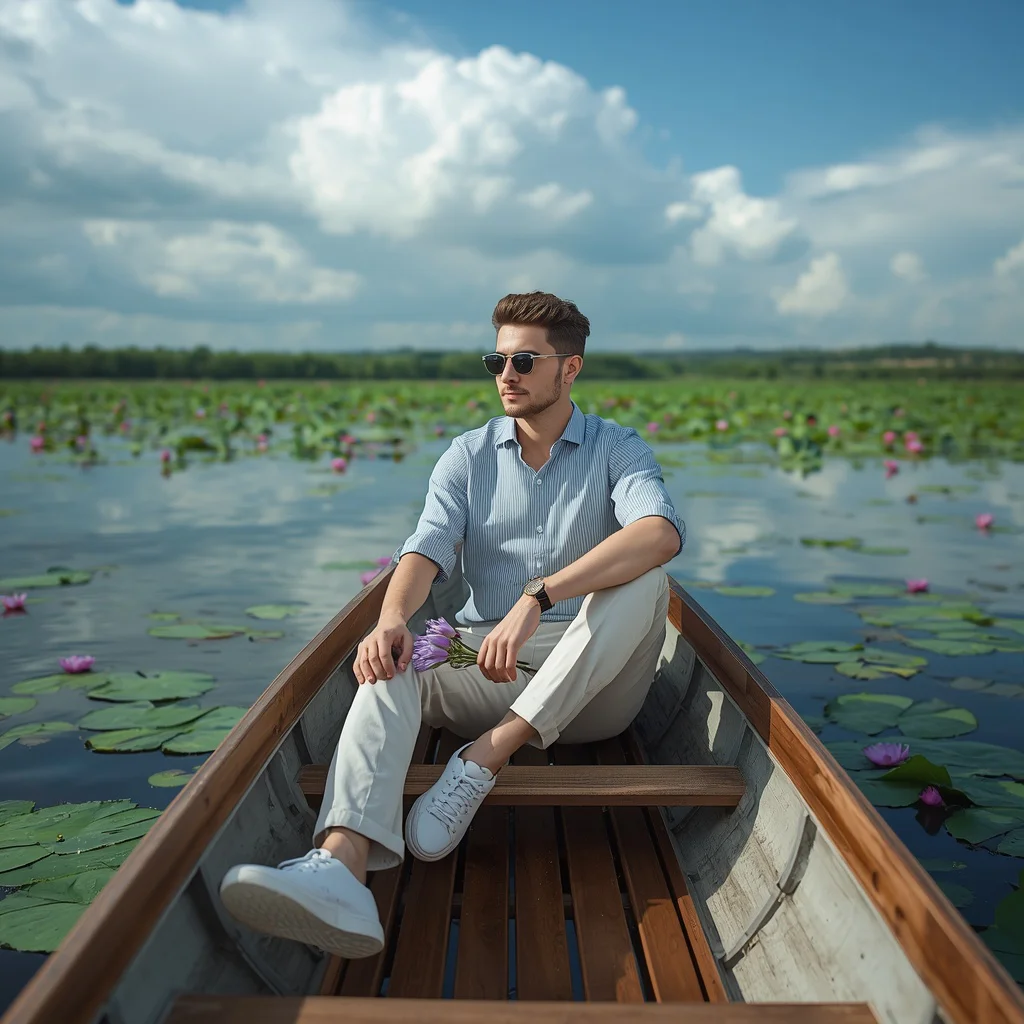 Casual Lake Adventure: Sitting in a Wooden Boat with Purple Lotuses | prompt for Gemini AI 2026