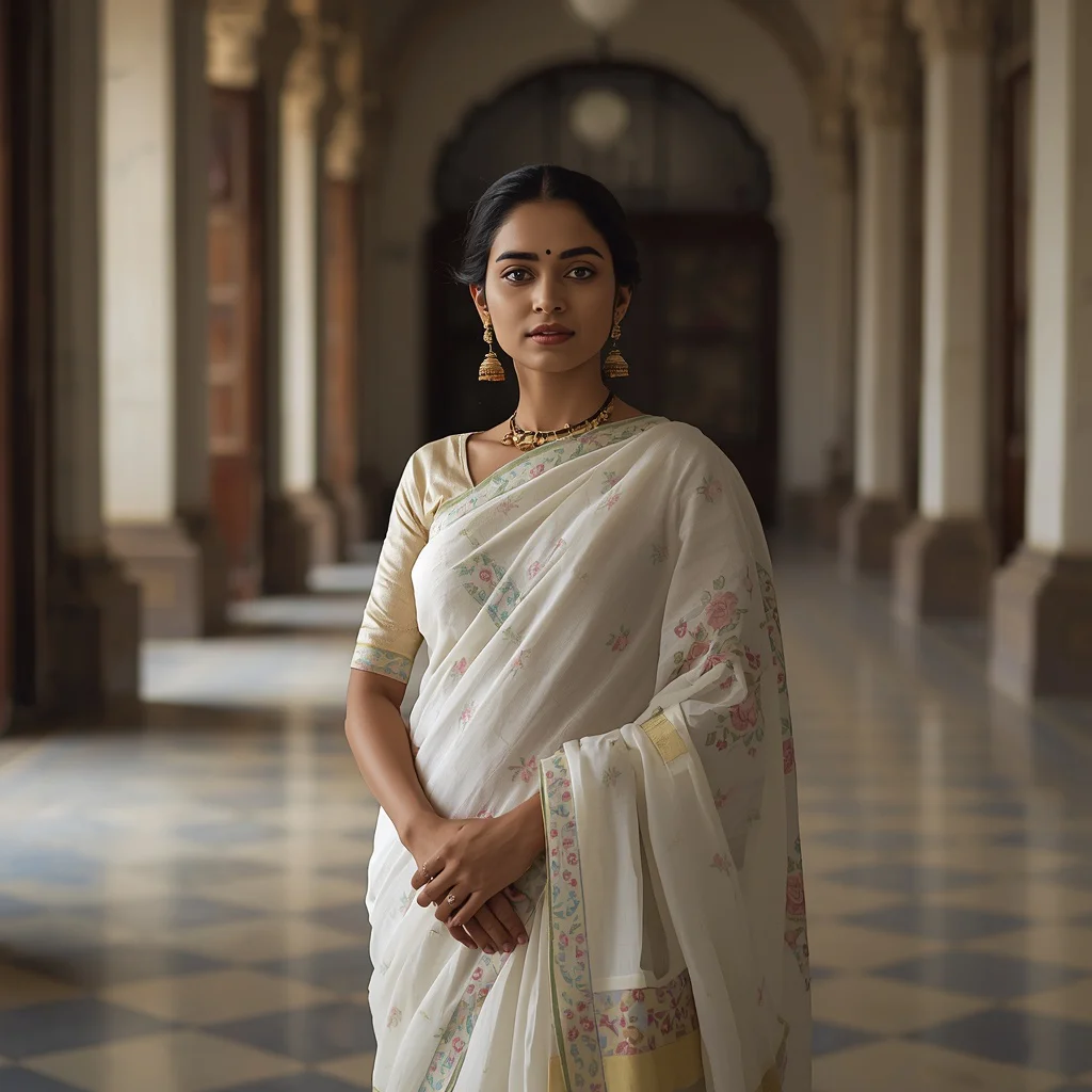 Classic Jamdani Saree in an Old Kolkata Heritage Building | Traditional saree prompt for girl in english