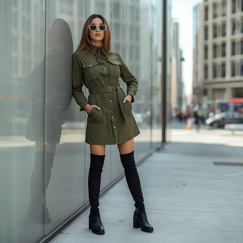 Confident Urbanite in a Green Utility Dress | Prompt for Gemini AI girl trending