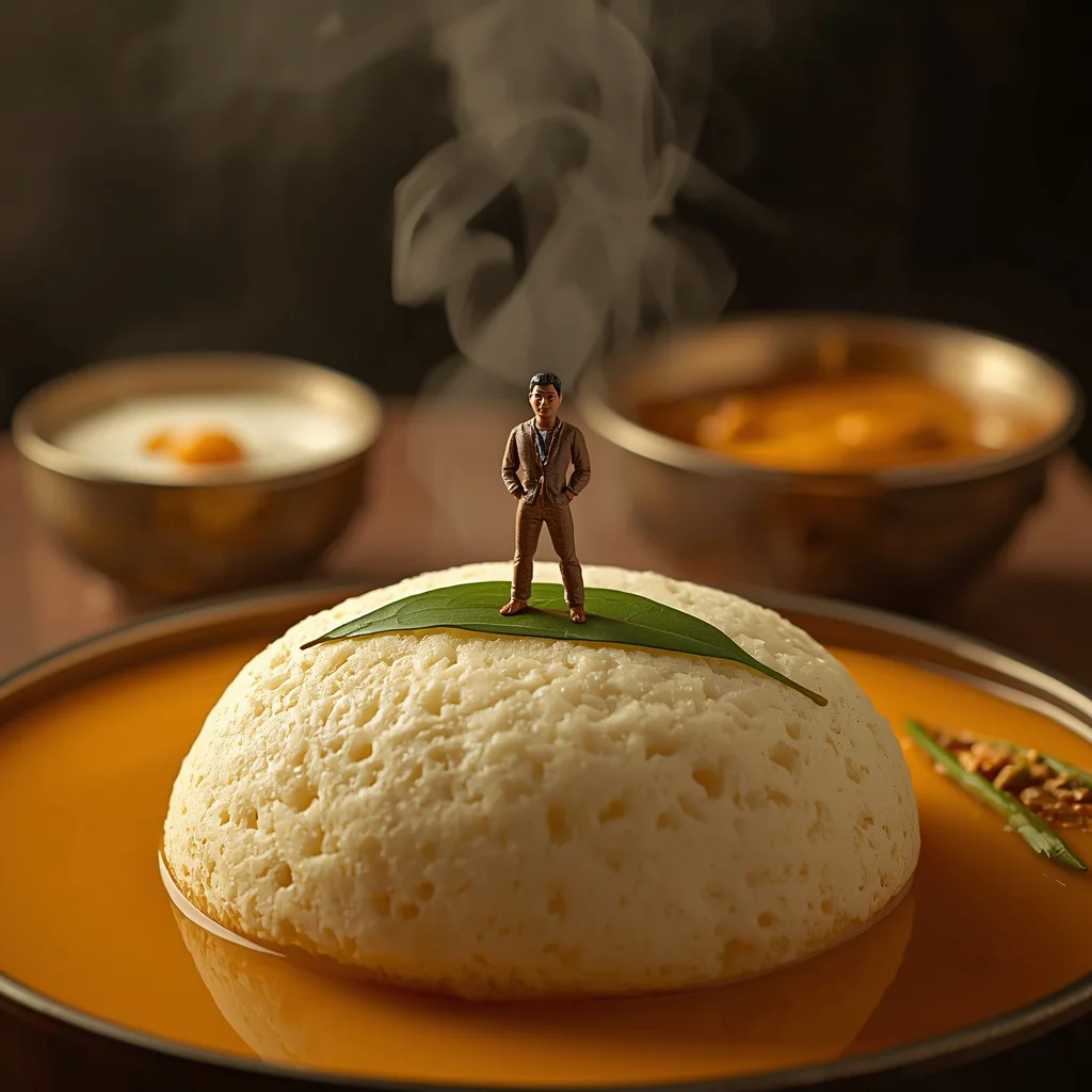 Confidently Standing on a Giant Idli Island in Steaming Sambar | Trending peacock prompt