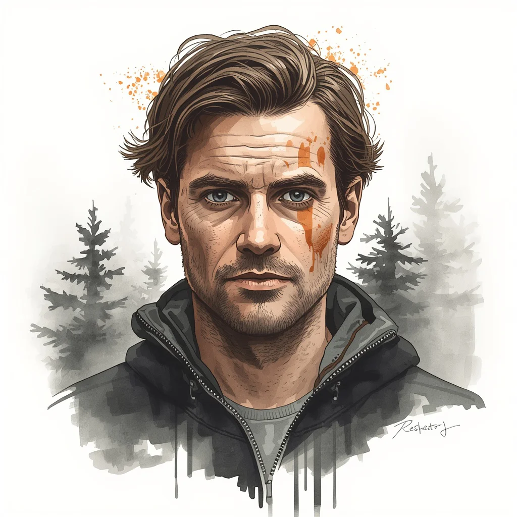 Contemplative Wilderness: A Man’s Digital Watercolor and Ink Portrait | Men prompt generator free