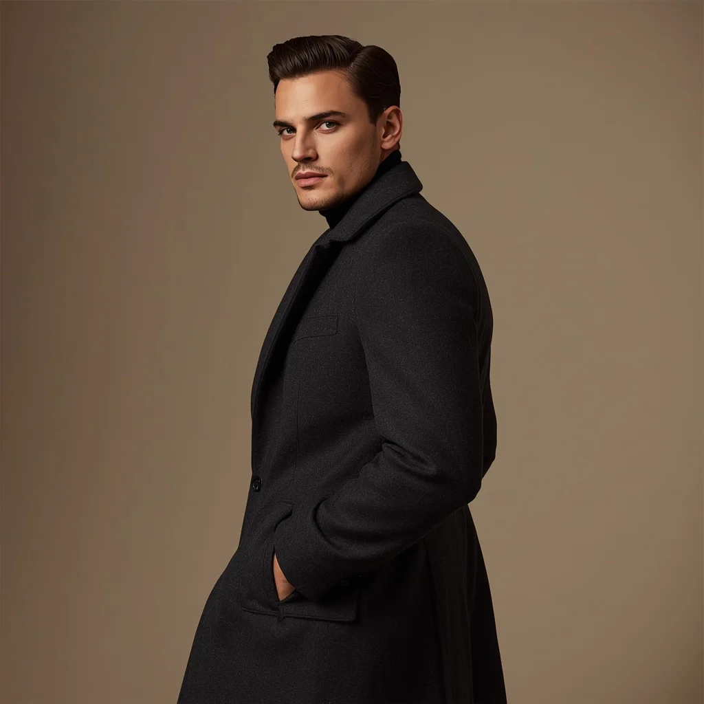 Dapper Male Model in Charcoal Wool Trench Coat | Dapper Male Model