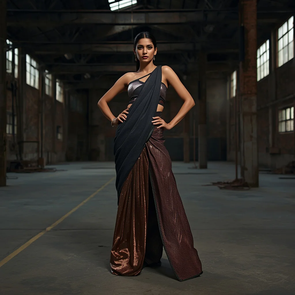 Deconstructed Saree-Gown in an Industrial Chic Warehouse | gemini girl photo prompt saree