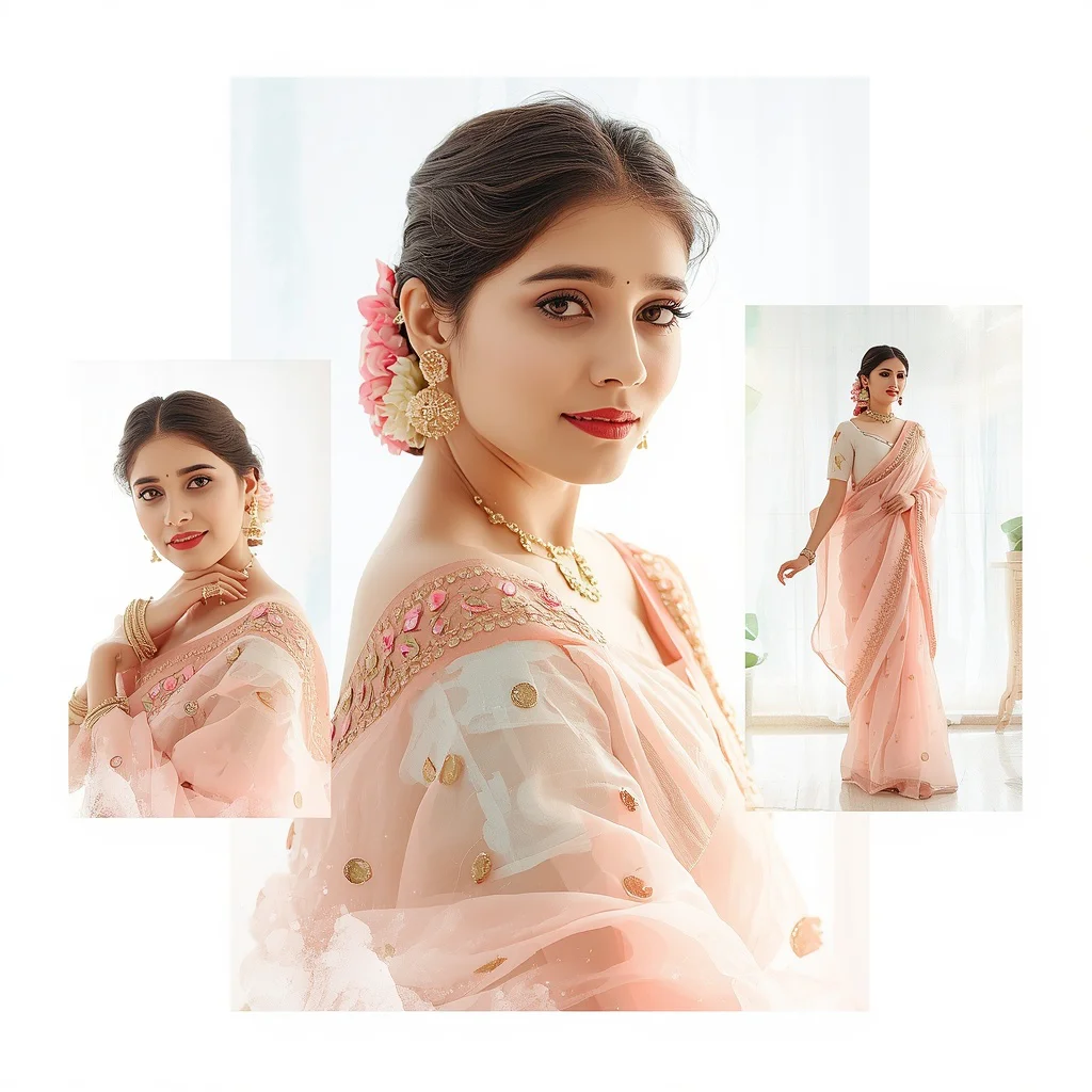 Delicate Translucent Watercolor Brush Strokes Framing Festive Saree | prompt for ai image generator for social media