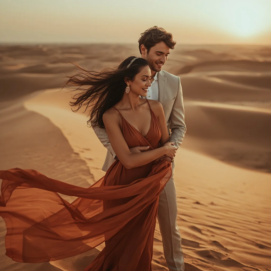 Desert Dune Romance: Flowing Fabric, Intimate Embrace | Trending couple prompt traditional