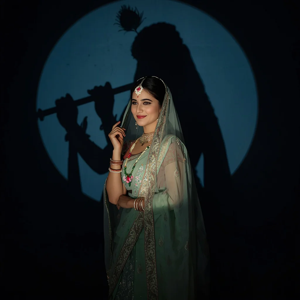 Devotional Radha Portrait with Krishna’s Shadow Silhouette | ai image generator prompt