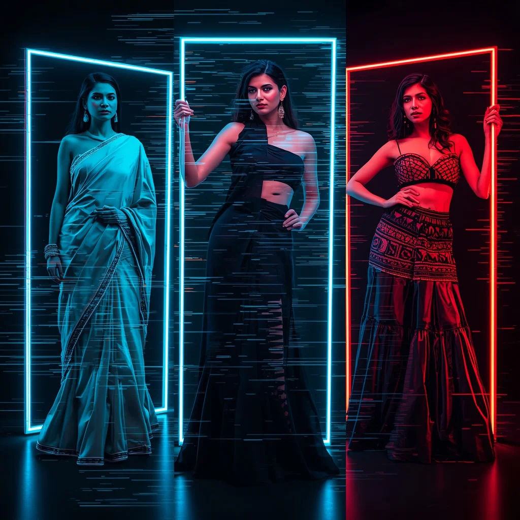 Digital Glitch Wireframe Collage: Indian Woman in Deconstructed Attire | Cutting-edge Digital Glitch