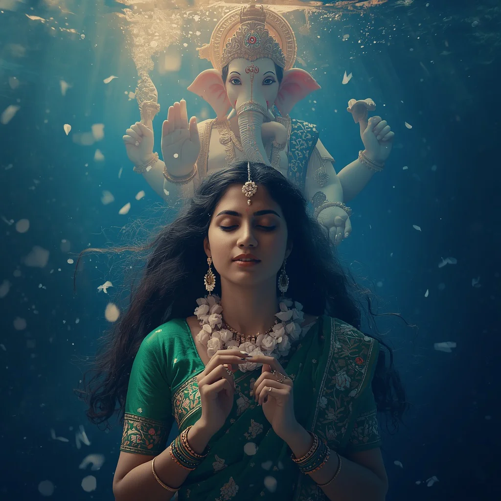 Divine Underwater Realm: Ganesh’s Blessing and Floral Aura | Divine Underwater Realm